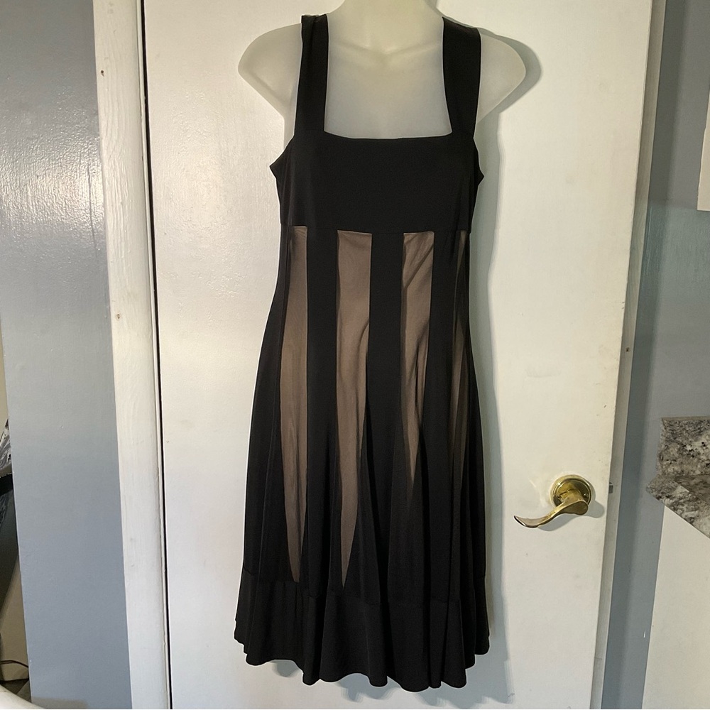 Maggy London Black Midi Cocktail Fit & Flare Dress with Sheer Panels Square Neck